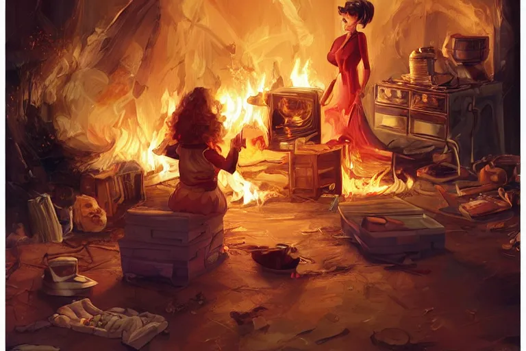 Prompt: a crazy housewife hurries up to pack daughter's things, surrounded with fire, digital art, trending on artstation