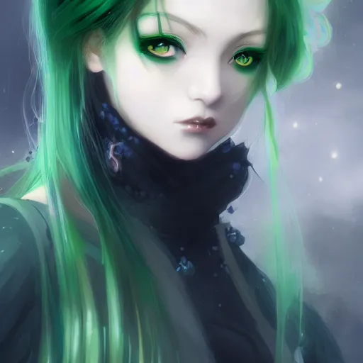 Image similar to facial portrait of a young pretty anime woman, green hair, dark eyes, gothic eyeliner, character concept art, headshot, Charlie Bowater, Anna Dittmann, WLOP, Rumiko Takahashi, Akihiko Yoshida, Hyung-tae Kim, alexander mcqueen, trending on Artstation