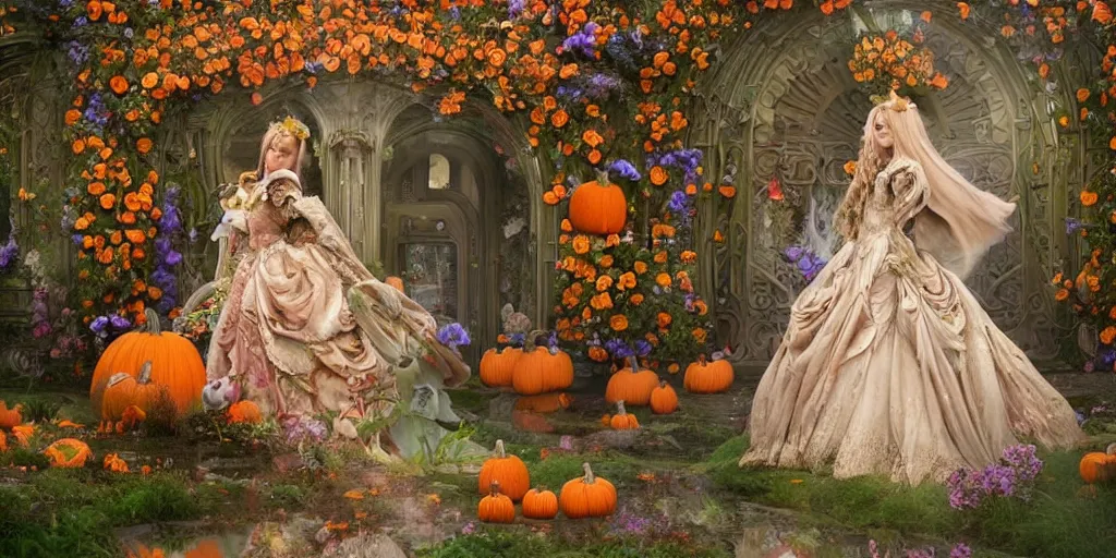 Prompt: fairytale princess with lovely detailed face entering the gates of her majestic palace of flowers , with horse driven , carriage made of pumpkins , epic scene unreal render depth of focus blur hyperrealistic detail Star Wars mucha Alice Tim burton fantasy art behance