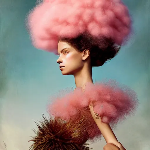 Image similar to brown woman wearing a candyfloss armor. super detailed. layered. textured. award winning. refracted lighting. soft. fragile. by ray caesar. by louise dahl - wolfe. by tom bagshaw. surreal photoraphy