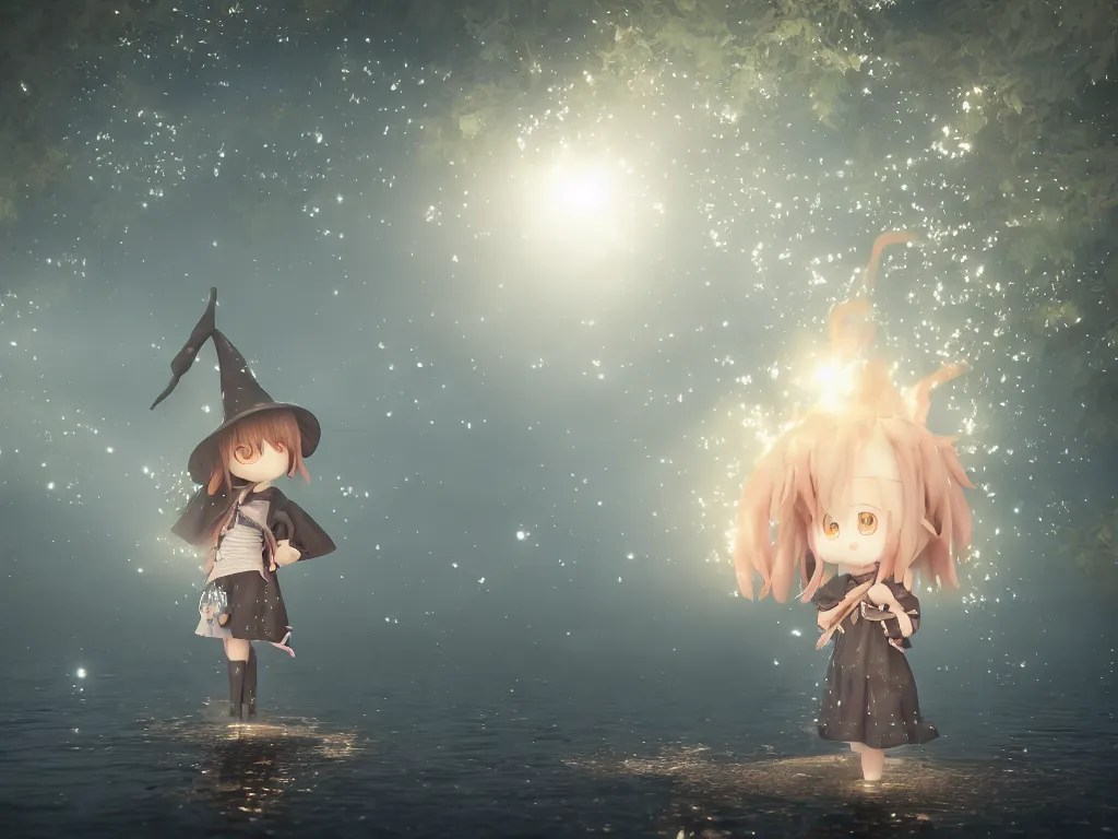 Image similar to cute fumo plush girl witch standing in reflective murky river water, volumetric fog and smoke, light shafts shining through the dusky light, moonglow, lens flare, chibi anime, vray