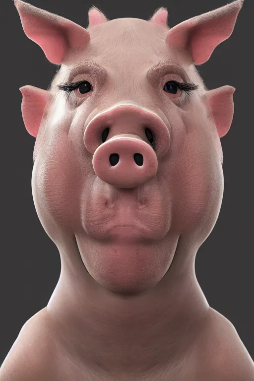 Prompt: a pig with a human face poses for a portrait, creepy, unsettling, scary, nightmare, intricate, hyper detailed, accent lighting, dramatic light, 4 k octane render