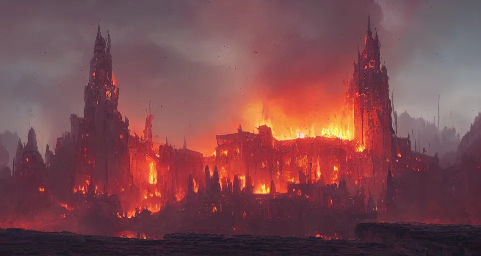 Image similar to landscape, A royal castle on fire, burning down, intense flames, dramatic lighting, cinematic, by WLOP, eddie mendoza, simon stålenhag, raphael lacoste, extremely high detail, photo realistic, cinematic lighting, post processed, concept art, trending on artstation, matte painting