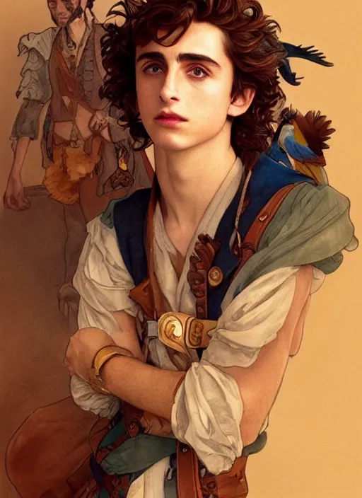 Prompt: cute timothee chalamet as a pirate captain. parrot on his shoulder, natural lighting, path traced, highly detailed, high quality, beautiful digital painting, by don bluth and ross tran and studio ghibli and alphonse mucha, artgerm