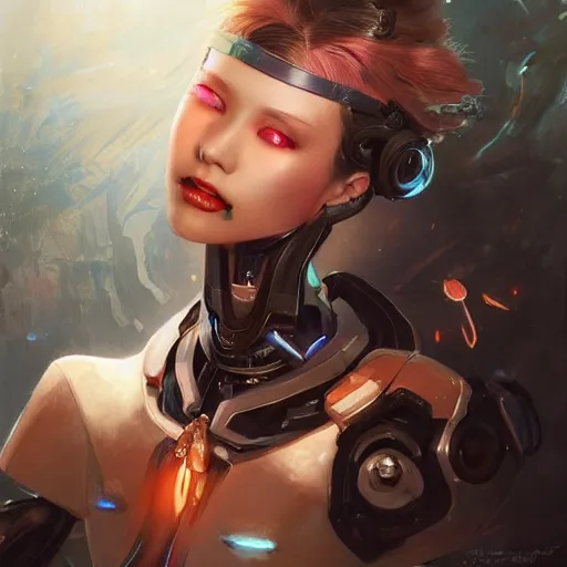 Image similar to A masterpiece portrait of a Incredibly beautiful half slightly damaged robot girl Combat makeup. Vogue. trending on artstation, digital art, by Stanley Artgerm Lau, WLOP, Rossdraws, James Jean, Andrei Riabovitchev, Marc Simonetti, Yoshitaka Amano