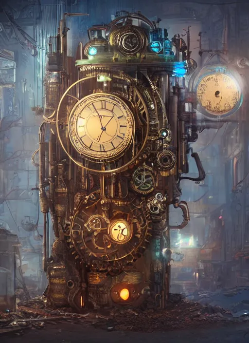 Prompt: steampunk time machine placed in the center of abandoned post Apocalyptic fututre cyberpunk city, ornate, intricate, emitting light ornaments, glowing gems, artstation