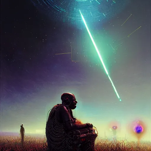 Image similar to a cyberpunk mursi elder sitting in a field watching a meteor shower with his droid in the foreground by greg rutkowski and android jones in a cyberpunk style, oil on canvas, 8k, afrofuturism