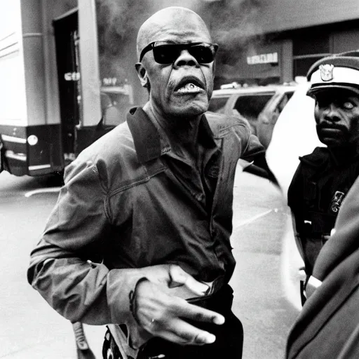 Image similar to samuel jackson getting arrested while exhaling a cloud of smoke, candid photography