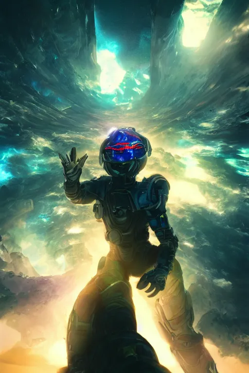 Image similar to ninja cyborg floating in space letting go of reality and experiencing the quantum feild, matte painting comic book art, cinematic, highly detailed, realistic, beautiful cosmic neural network, octane render, unreal engine, depth of field, trending on artstation, sharp focus, philosophical splashes of colors