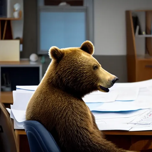 Prompt: bored bear at office, head leaning on paw with elbow on table, piles of paperwork, disney animation style