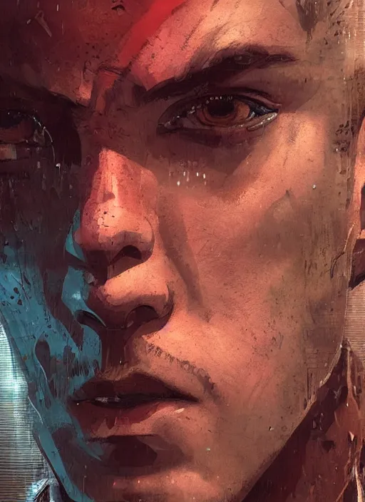 Image similar to cyberpunk military character jitters ( blade runner 2 0 4 9, dystopian, cyberpunk 2 0 7 7 character design ). attractive face. portrait by james gurney and laurie greasley and yoji shinkawa, oil on canvas. cinematic composition, hyper realism, realistic proportions, anatomy, dramatic lighting, photorealistic, high detail, 4 k