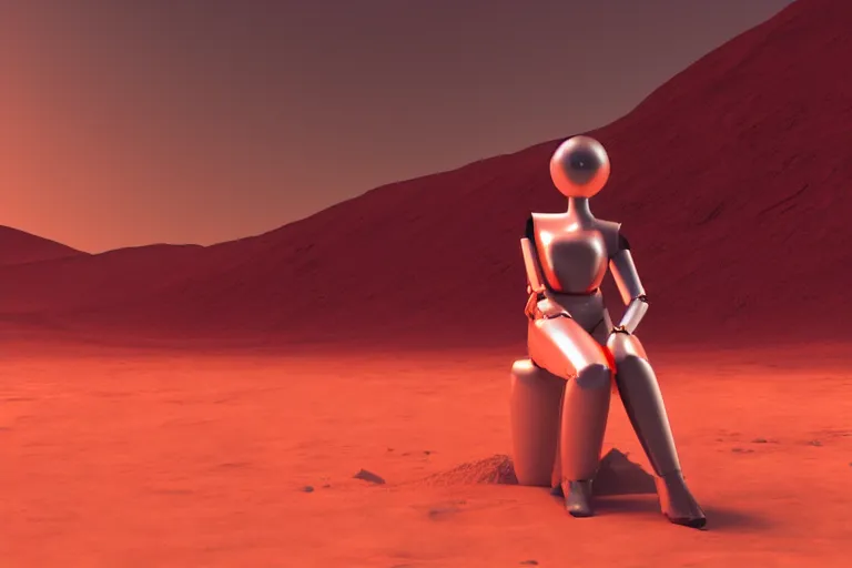 Image similar to a beautiful girl robot sitting on mars relaxing, red lighting, mist, blender render,