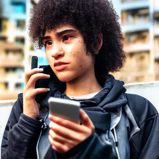 Image similar to candid photographic portrait of a poor techwear mixed young woman using a phone inside a dystopian city, closeup, beautiful garden terraces in the background, sigma 85mm f/1.4, 4k, depth of field, high resolution, 4k, 8k, hd, full color