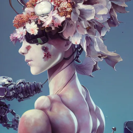 Image similar to surreal gouache painting, by yoshitaka amano, by ruan jia, by conrad roset, by good smile company, detailed anime 3 d render of a female mechanical android head with flowers growing out, portrait and white background, cgsociety, artstation, rococo mechanical costume and grand headpiece, dieselpunk atmosphere