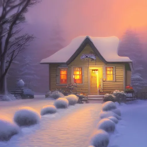 Image similar to street with cottage inspired by Evgeny Lushpin,winter,nighttime,cinematic,art station