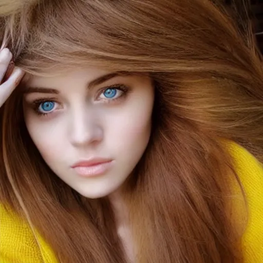 Image similar to beautifull women with brown eye, yellow hair, wearing soft clothes