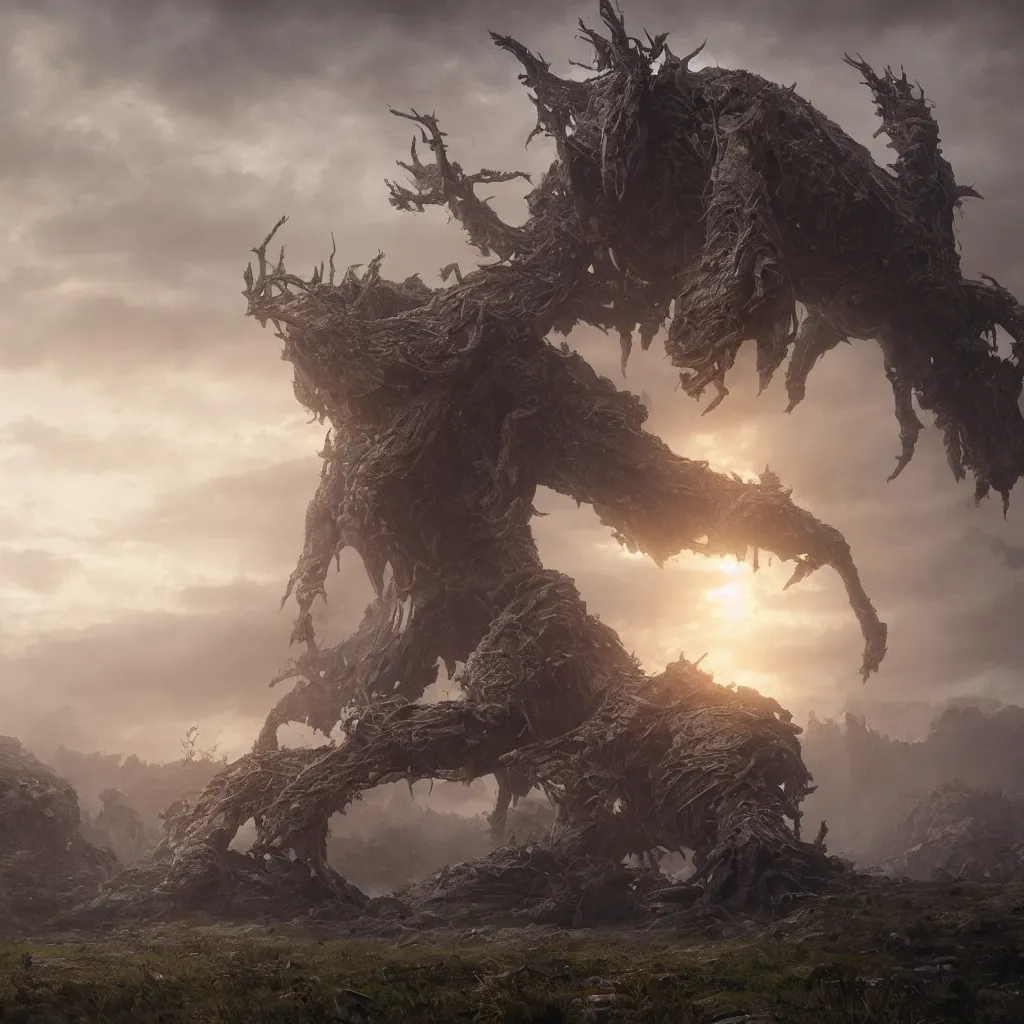 Prompt: enormous creature looming in the distance, seen from far away, volumetric lighting, 8 k octane beautifully detailed render, post - processing, extremely hyper - detailed, intricate, epic composition, cinematic lighting, masterpiece, trending on artstation, masterpiece, stunning art by anders zorn, wonderful masterpiece by greg rutkowski, beautiful cinematic