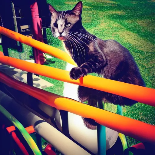 Image similar to black cat on a rollercoaster. focus on cats face. sunlight. polaroid photo. bright colors.