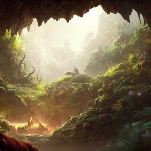 Image similar to Giant Oroboros resting in a cave, natural light, lush plants and flowers, elegant, intricate, fantasy, atmospheric lighting, by Greg rutkowski, league of legends splash art