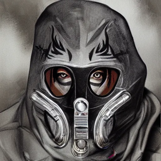 Image similar to detailed details photorealistic wolfs gang photo group, most of them using wolf mask, other using grey bandana and gas mask, theyre with grey hoodie and dominant gray black color in the style of bob peak and alex ross, gouache and wash paints color, detailed details facial and body and human and environments and proportionate, detailed 5 k details.