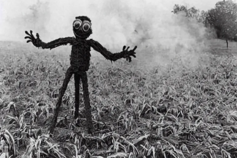 Prompt: horrifying 4 - armed scarecrow from the early 1 9 0 0's burning down the cornfields the cornfields