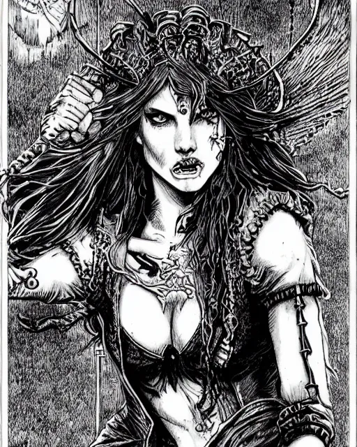 Image similar to pen and ink drawing of a beautiful female vampire, fighting fantasy style image, by steve jackson and ian livingstone, highly detailed