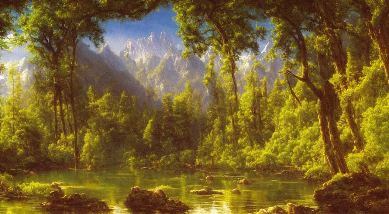 Image similar to Rivendell painted in the style of Albert Bierstadt, oil painting, wide angle, highly detailed