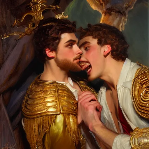 Image similar to attractive fully clothed king confesses his love for his attractive fully clothed male prince. highly detailed painting by gaston bussiere and j. c. leyendecker 8 k