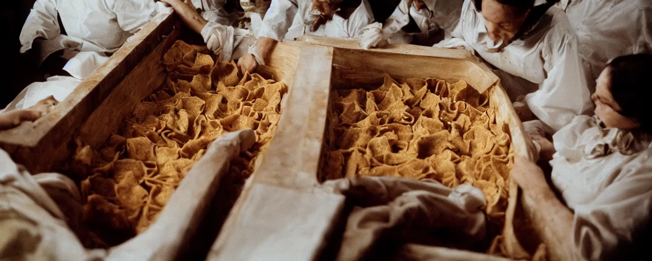 Image similar to a person buried inside a coffin made of ravioli, funeral ceremony, canon 5 0 mm, cinematic lighting, photography, retro, film, kodachrome