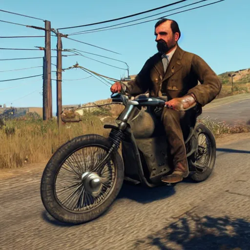 Prompt: daniel plainview on motorbike in gta 5 photorealistic