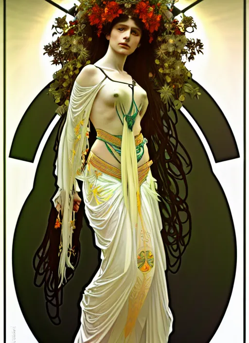 Prompt: marzanna slavic goddess associated with seasonal rites based on the idea of death and rebirth of nature concept art alphonse mucha, full body!! contour light effect!! hd, 4 k, stage light. octane render. sharp edge. ultra clear detailed