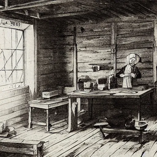 Image similar to a samsung shop in the 1 8 0 0 s, ink art, old, rustic