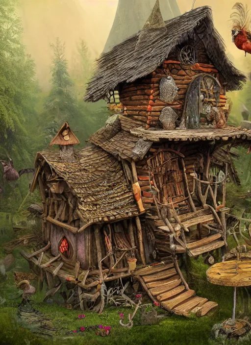 Prompt: highly detailed matte painting of the baba yaga witch's shack on top of on tall chicken legs with feet so it can walk around, in the mountain woodlands, witch with her broomstick, 8 k resolution, by android jones