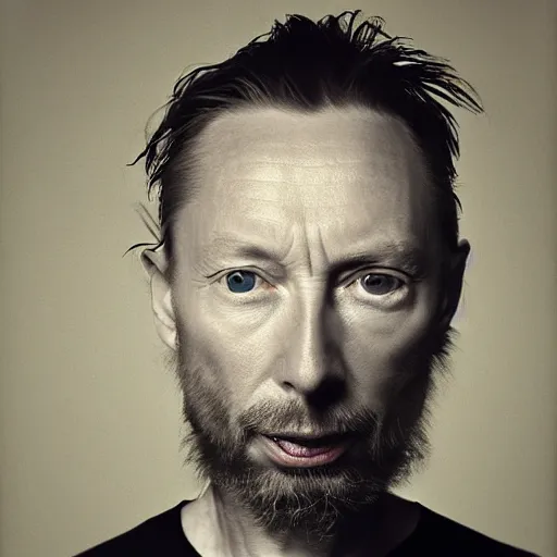 Image similar to Thom Yorke, with a beard and a black shirt, a computer rendering by Martin Schoeller, cgsociety, de stijl, tintype photograph, studio portrait, calotype