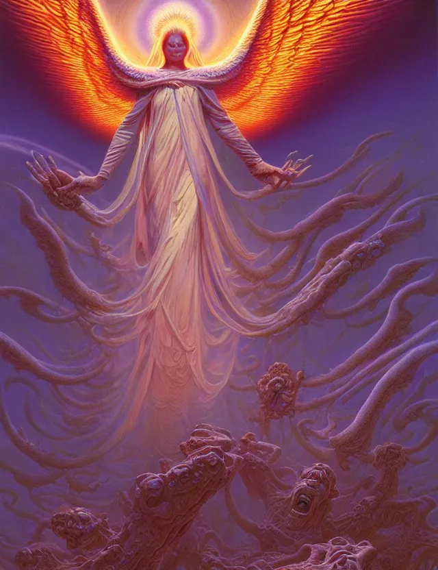 Prompt: glowing white multi - faced angel psychedelic dmt entity, tim hildebrandt, wayne barlowe, bruce pennington, donato giancola, trending on artstation, cinematic composition, raytracing, beautiful lighting, hyper detailed, 8 k, oil on canvas