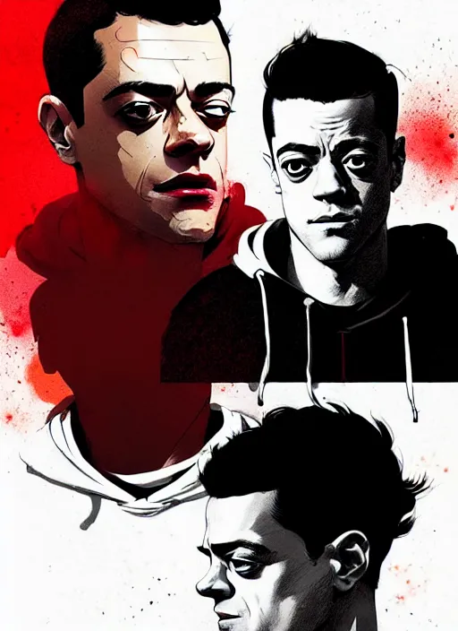 Image similar to highly detailed closeup portrait of rami malek, elliot alderson, black hoody by atey ghailan, by greg rutkowski, by greg tocchini, by james gilleard, by joe fenton, by kaethe butcher, gradient red, black and white color scheme, grunge aesthetic!!! ( ( graffiti tag wall background ) )