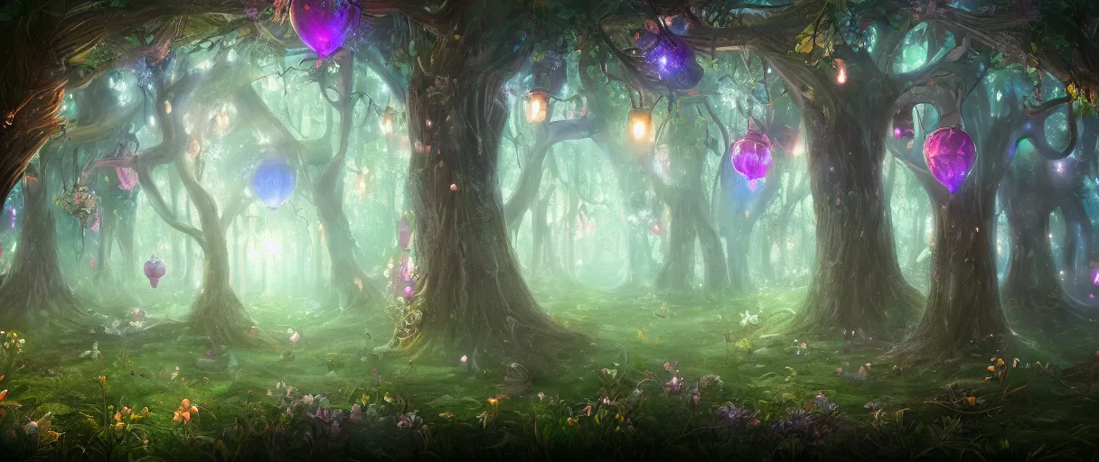 Image similar to a digital painting of a magical fantasy forest, large magical trees, magical flowers, hanging lanterns, volumetric lighting, mystical, evening, concept art, trending on artstation, matte painting, high detail, high quality