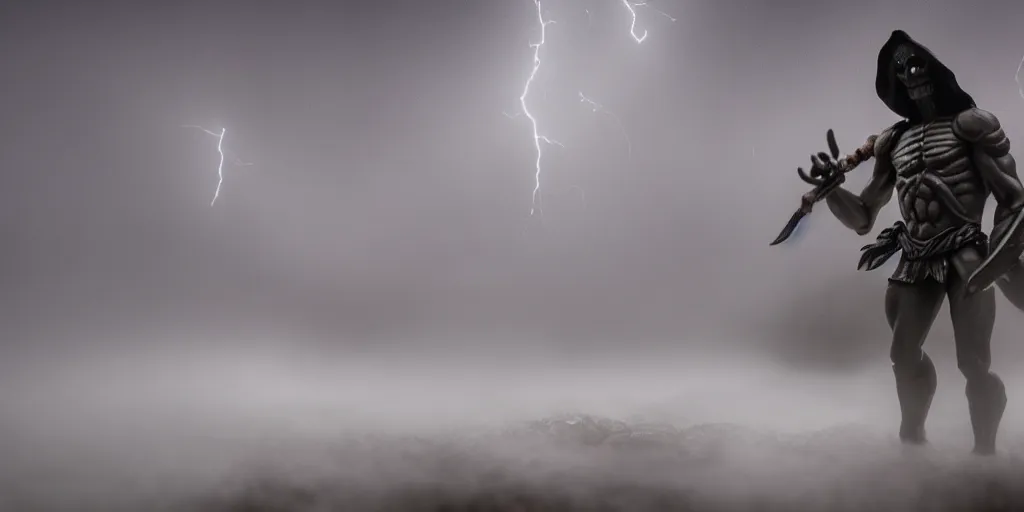 Image similar to skeletor fighting he - man, fog on the ground, heavy rain, lightning, moody lighting, shallow depth of field,