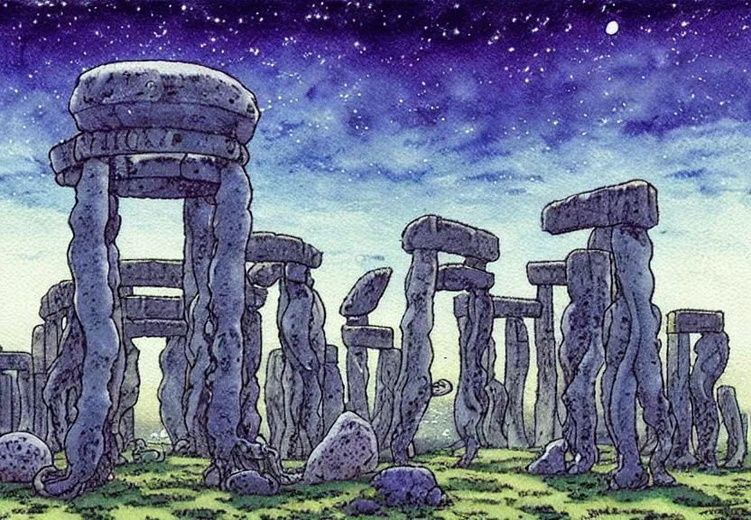 Prompt: a simple watercolor studio ghibli movie still fantasy concept art of stonehenge at the bottom of the ocean. a giant octopus from princess mononoke ( 1 9 9 7 ) is holding large stones. it is a misty starry night. by rebecca guay, michael kaluta, charles vess