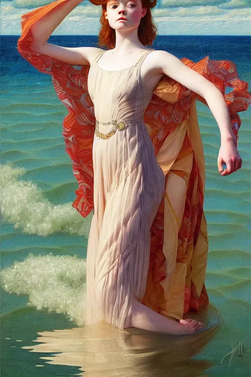 Image similar to a sadie sink wearing a dress emerging from the water, oil on canvas, symetrical, sensuality, hyper realistic, artstation, by j. c. leyendecker and edmund blair leighton and charlie bowater, instagram photo