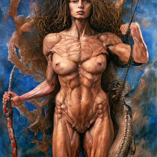 Prompt: detailed masterpiece full body portrait of muscular greek goddess by Ayami Kojima, Amano, Karol Bak, Gottfried Helnwein and Mark Brooks and Meats Meier and Ryan Brown, rich deep colors. the agony is real. Beksinski painting, part by Adrian Ghenie and Gerhard Richter and Jeremy Mann. art by Takato Yamamoto. medium shot. masterpiece . intricate artwork by Tooth Wu and wlop and greg manchess, greg rutkowski, very coherent artwork, cinematic, hyper realism, high detail, octane render, unreal engine, 8k, Vibrant colors, Smooth gradients, High contrast. by Katsuhiro Otomo, inspired by anime, movie grain, intricate detail, extremely detailed. painting by Arthur Rackham, Eugene de Blaas, Frederic Leighton