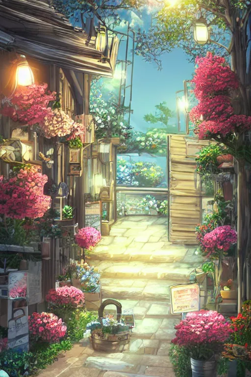 Image similar to a little flower shop's front gate, refreshing, digital illustration, pixiv, dramatic lighting