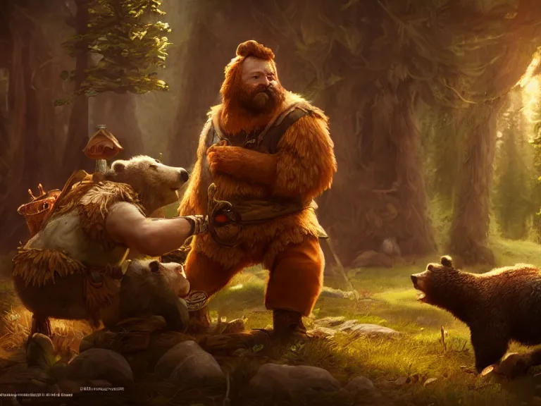 Prompt: Drunk Woodsman Druid and his Bear start a fight at the Tavern, RPG Portrait, Oil Painting, Trending on Artstation, octane render, Insanely Detailed, 8k, HD