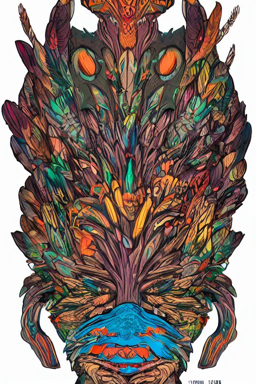 Image similar to animal mask totem roots flower tribal feather gemstone plant wood rock shaman vodoo video game vector cutout illustration vivid multicolor borderlands comics by josan gonzales and dan mumford radiating a glowing aura