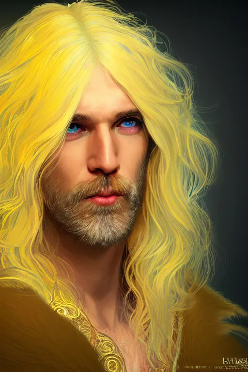 Image similar to Portrait of male mage with long white hair, yellow face, photorealistic, highly detailed, artstation, smooth, sharp focus, gold ornaments, neon lighting, sci-fi, art by Klimt