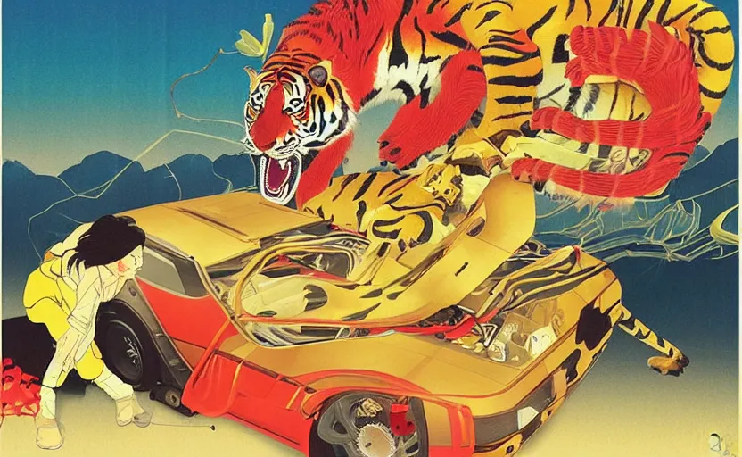 Prompt: a red delorean and a yellow tiger, art by hsiao - ron cheng and utagawa kunisada, magazine collage, # e 5 3 7 1 b, # e 4 e 6 2 0, # de 9 5 f 0,