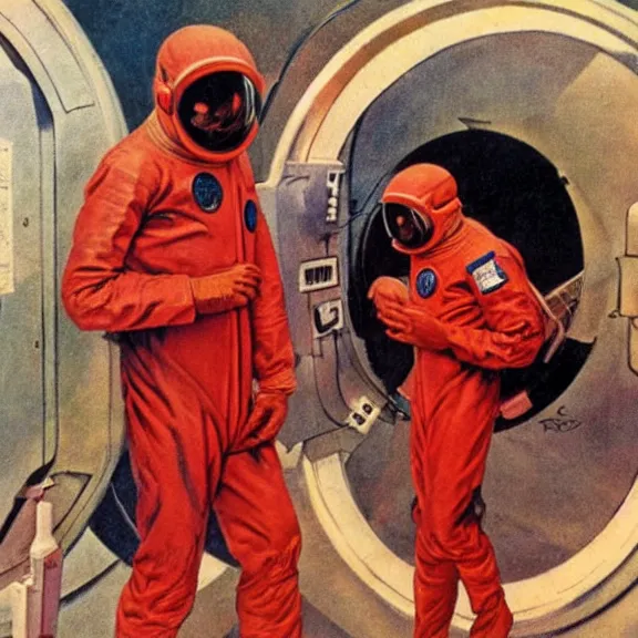 Prompt: two scientists wearing red hazmat suits entering zero gravity threshold between universes by frank frazetta