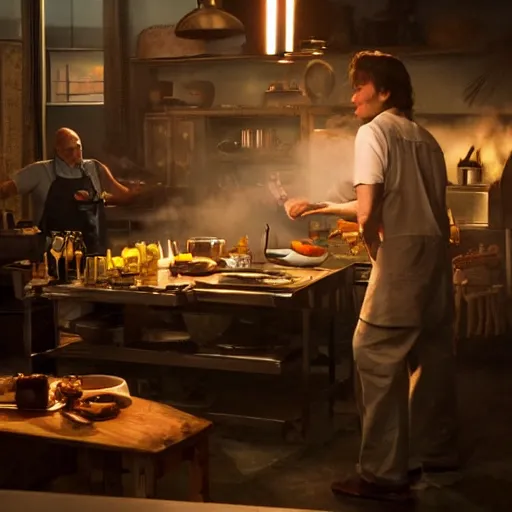 Image similar to frame of a television cooking show, cinematic light, epic composition, fine details, by quentin tarantino