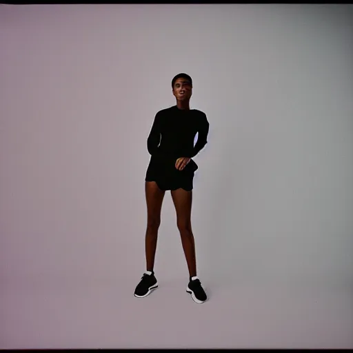 Image similar to realistic photoshoot for a new nike lookbook, color film photography, portrait of a beautiful woman in style of tyler Mitchell, 35mm, graflex