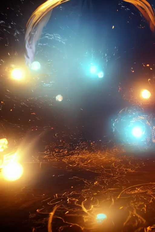 Image similar to swirling light streaks and ornate flowing smoke streams and smooth particle effects surround a small metallic sphere, unreal engine